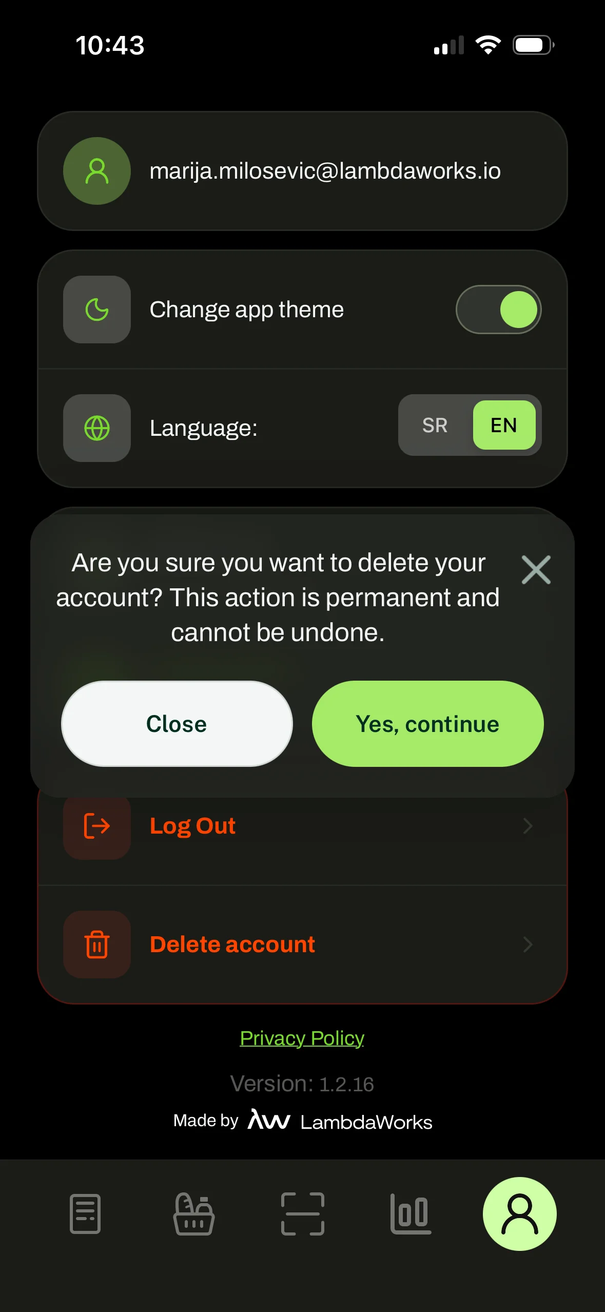 Delete profile example – dark theme
