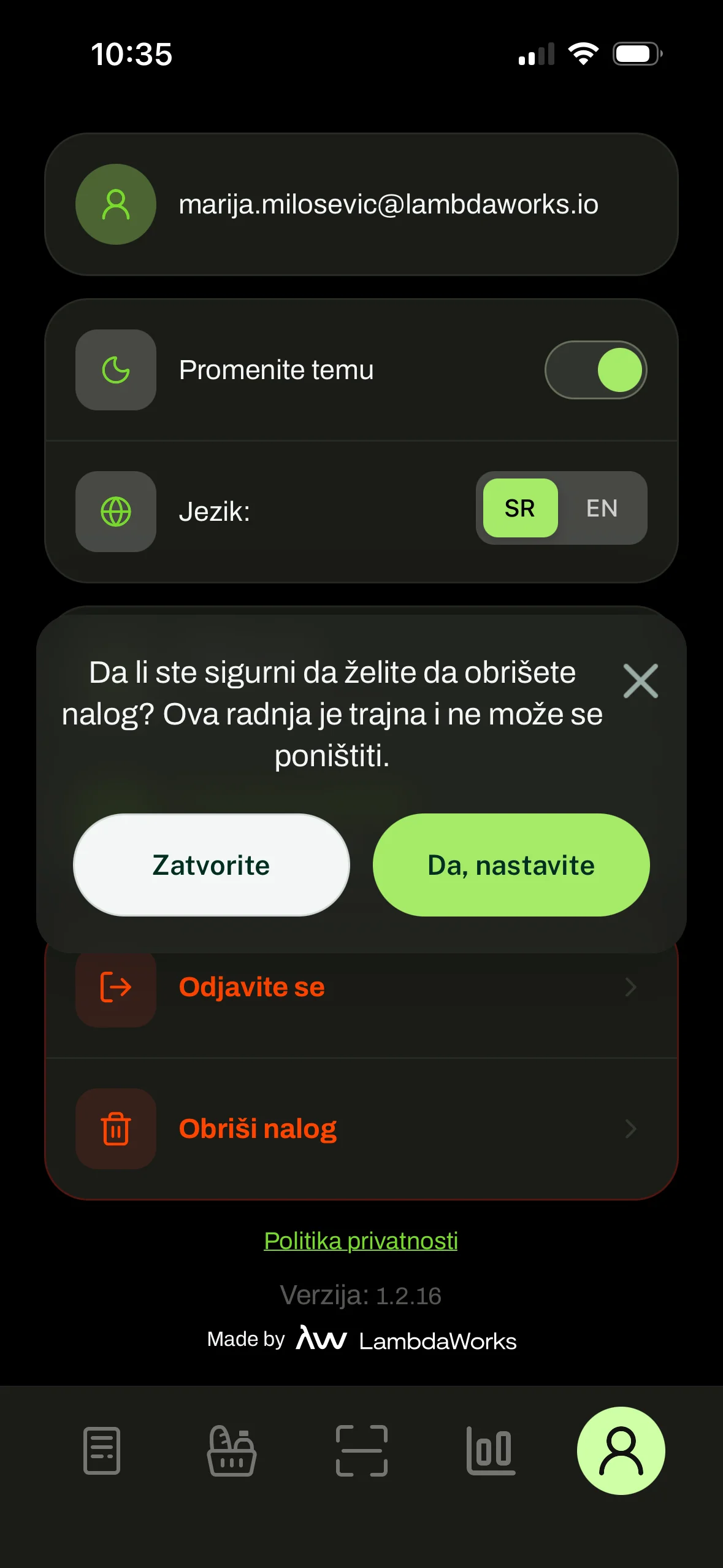 Primer brisanja profila – tamna tema
