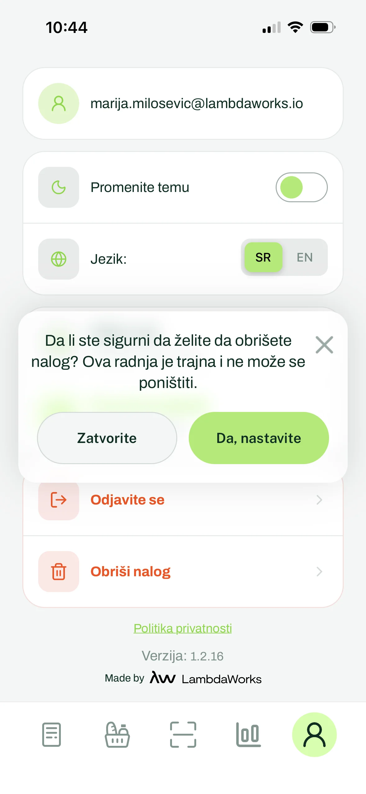 Primer brisanja profila – svetla tema