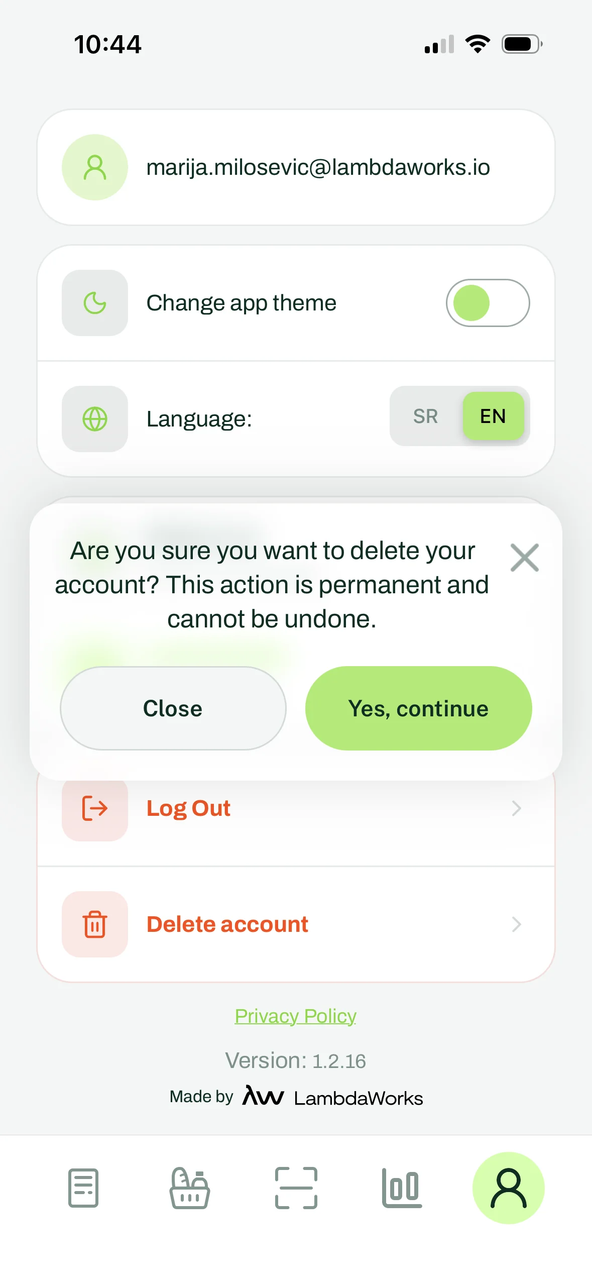 Delete profile example – light theme