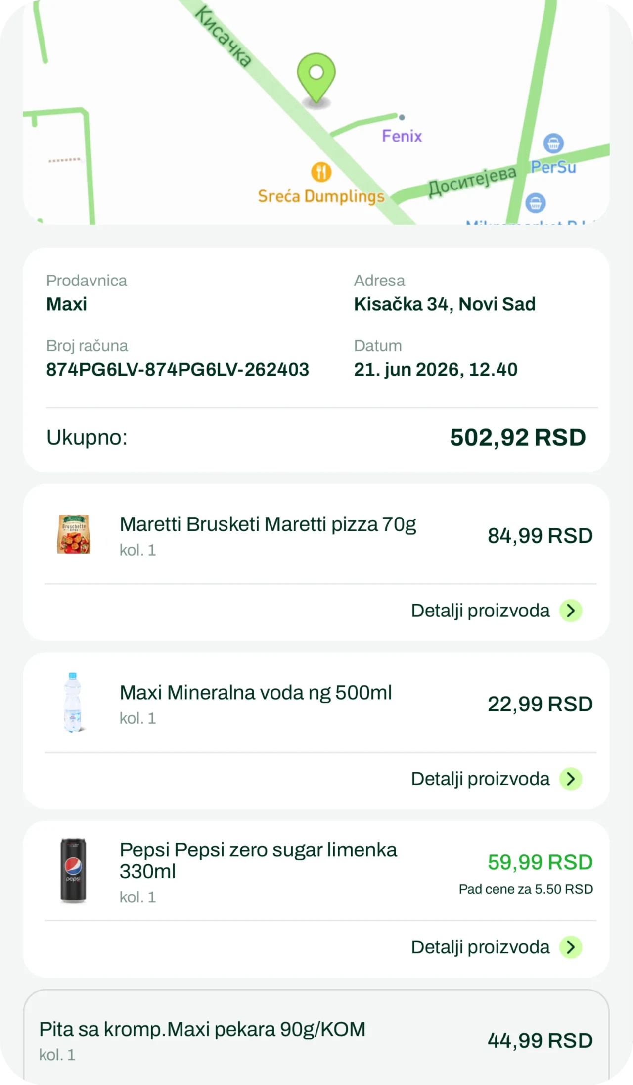 Prikaz detaljnog pregleda računa u Štednjak aplikaciji