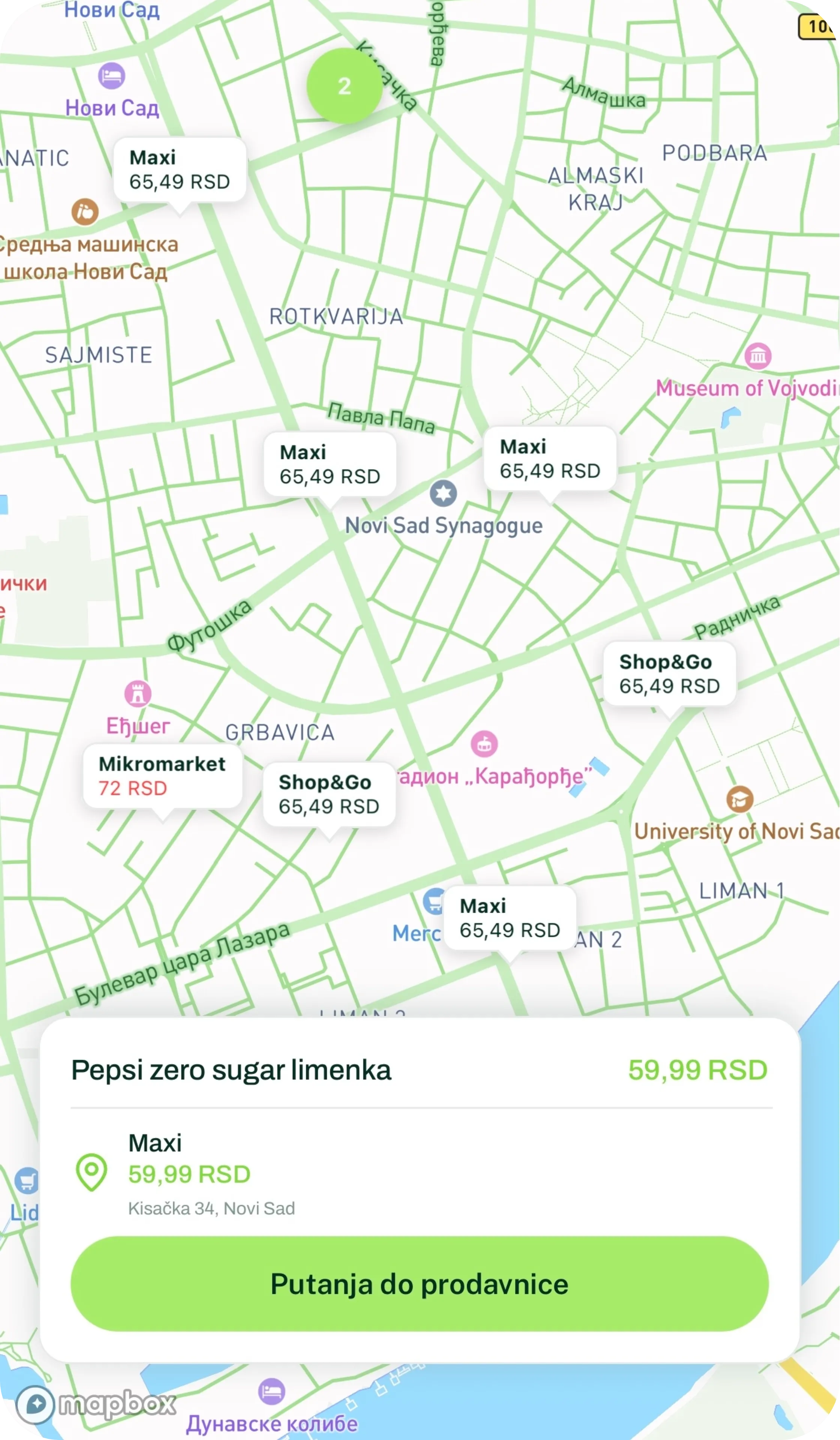 Prikaz mape sa cenama u okolini u Štednjak aplikaciji