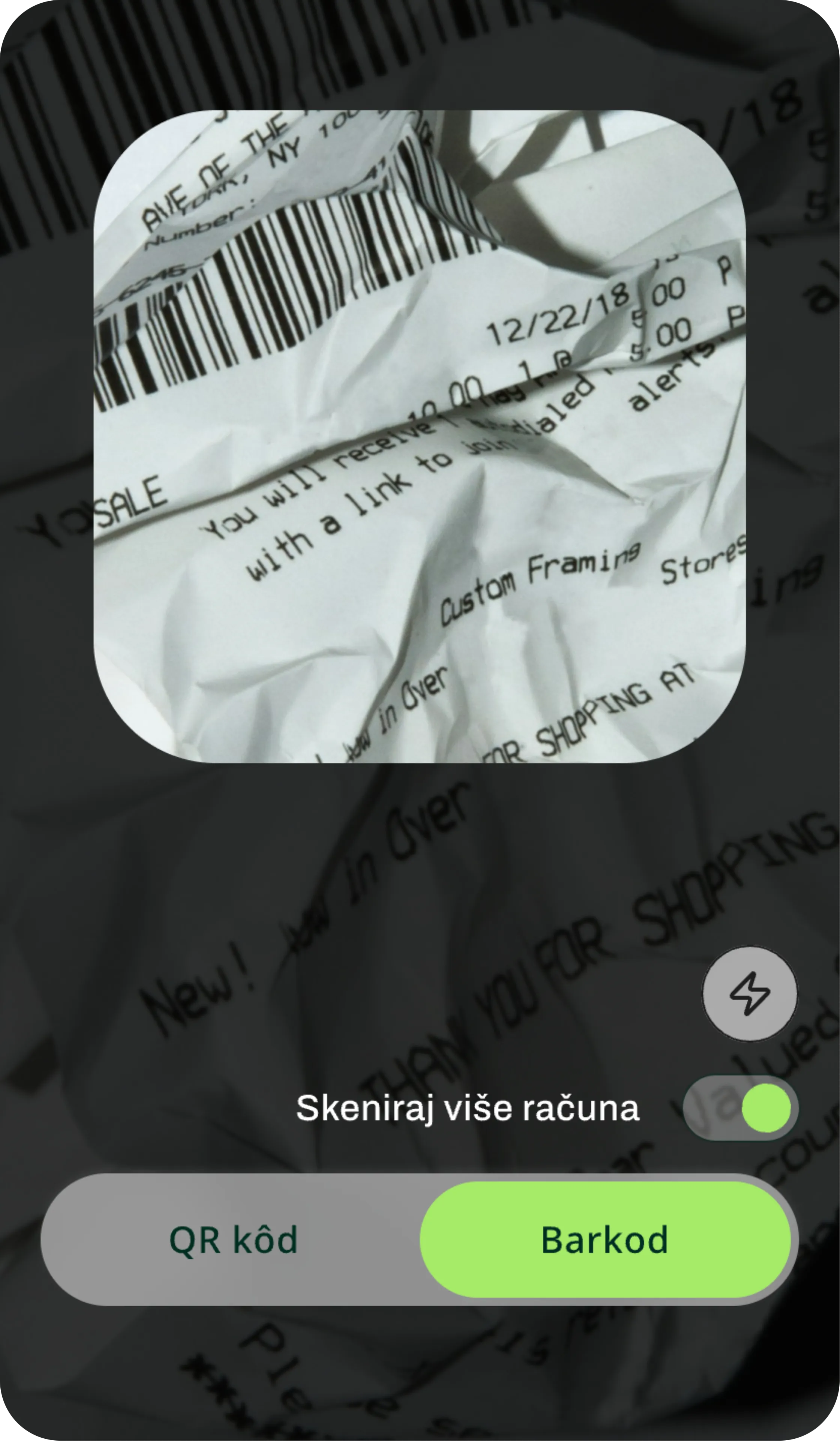 Prikaz ekrana skeniranja računa u Štednjak aplikaciji
